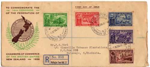 NEW ZEALAND 1936 "CONGRESS OF CHAMBER OF COMMERCE" SET OF 5 ON FDC. SG 593-7. STAMPS CAT 18 POUNDS.
