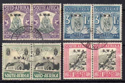 SOUTH WEST AFRICA 1935-36 "VOORTREKKER MEM FUND" SET OF 4 PAIRS USED. SACC 119-122. CAT R740.