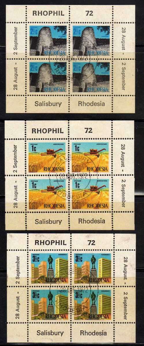 RHODESIA 1972 RHOPHIL 72 SET OF 3 PANES VFU PERF ALL AROUND. SACC 236D-238D. CAT R150.