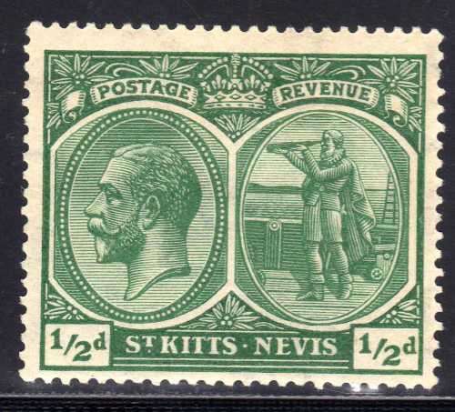 ST KITTS-NEVIS 1920-22 KGV DEFIN 1/2d MM. SG 24. CAT 3,75 POUNDS. (2018)