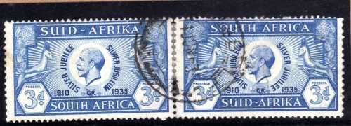 SOUTH AFRICA 1935 SILVER JUBILEE 3d PAIR FINE USED BUT TOP PERFS SPLIT & REINFORCED SACC 66 CAT R750