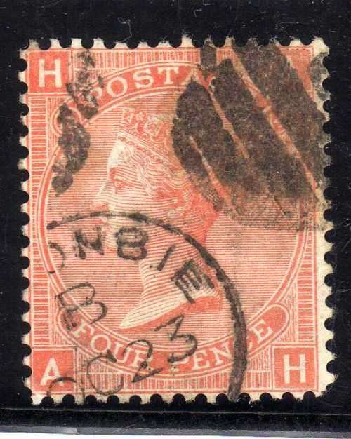 GREAT BRITAIN 1865-7 4d VERMILLION PLATE 14 FINE USED. SG 94. CAT 100 GBP (2018)