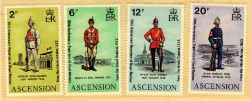 ASCENSION 1973 "50TH ANNIV DEPARTURE OF ROYAL MARINES" SET OF 4 LMM. SG 174-77. CAT 9,25 POUNDS.