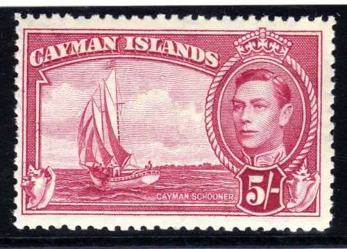 CAYMAN ISLANDS 1938 DEF 5/- CARMINE-LAKE UMM. SG 125. CV 42 POUNDS. (2018)