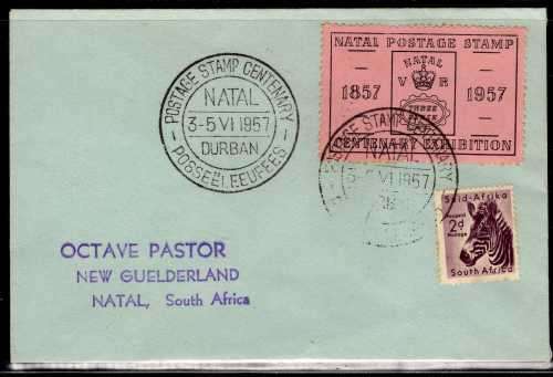 SOUTH AFRICA 1957 NATAL POSTAGE STAMP CENTENARY EXHIBITION LABEL TIED TO COVER WITH CENT POSTMARK.