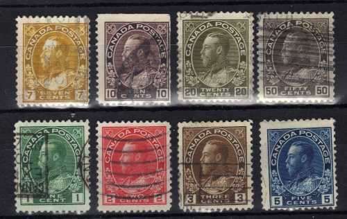 CANADA 1911-22 DEFIN BASIC SET OF 8 VERY FINE USED. SG 196-215. CAT £12. (2018)