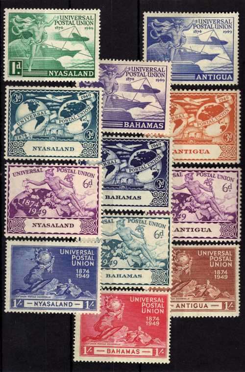 1949 UPU 3 SETS OF 4 MOUNTED MINT. ANTIGUA, BAHAMAS & NYASALAND.