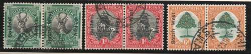 SOUTH WEST AFRICA 1927 DEFINITIVE SET OF 3 PAIRS OVPT ENG ON AFR STAMPS VFU. SACC 67-69. CAT R450.