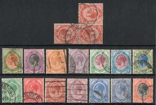 SOUTH AFRICA 1913 DEFIN PART SET ½d-10/- PLUS TêTE-BêCHE PAIR USED. SACC 2-15 AND 4b. CAT R575.