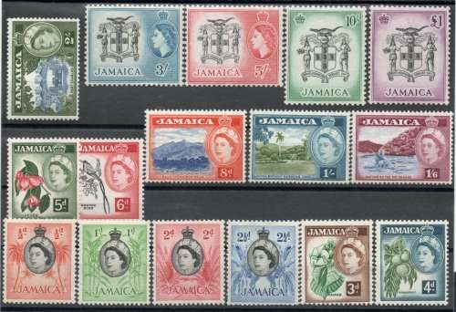Jamaica 1956-58 QEII definitive set of 16 mostly lmm. SG 159-174. Cat £95. (2018)