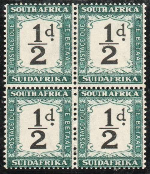 South Africa 1932-42 Postage Due ½d black & blue-green block of 4 umm. SG D22w. Cat £10. (2018)