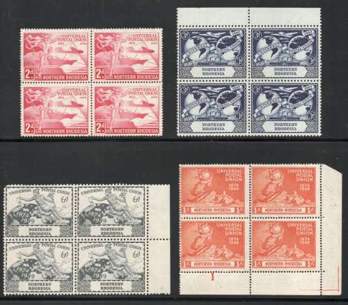 Northern Rhodesia 1949 UPU set of 4 in blocks of 4 umm (1/- plate block) SACC 50-53 Cat R468