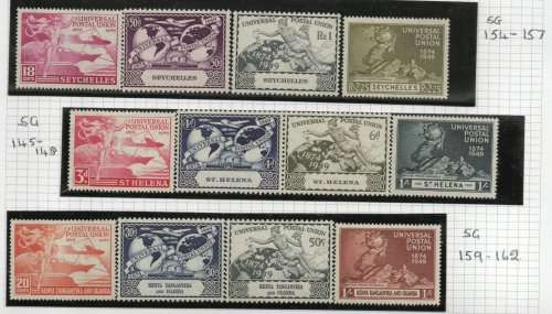UPU 1949 3 sets of 4 lightly mounted mint. Seychelles, St. Helena and Kenya, Uganda & Tanganyika.