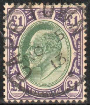 Transvaal 1904-09 wmk Multi Crown CA £1 green & violet very fine used. SG 272. Cat £50 (2018)