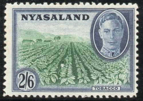 Nyasaland 1945 KGVI definitive 2/6d emerald and blue mounted mint. SG 154. Cat £10 (2018)