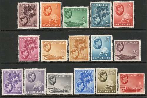 Seychelles 1938 definitive part set of 16 chalky paper (except 20c and 30c) lmm. Cat £463 (2022)