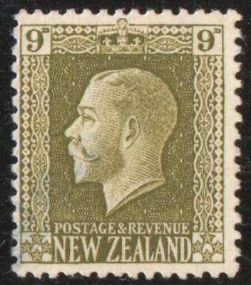 New Zealand 1915 KGV Definitive 9d sage green perf 14 x 13½ mint no gum. SG 429. Cat £18 (2022)