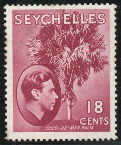 Seychelles 1938-49 KGVI definitive 18c carmine-lake mounted mint. SG 139c. Cat £14 (2022)