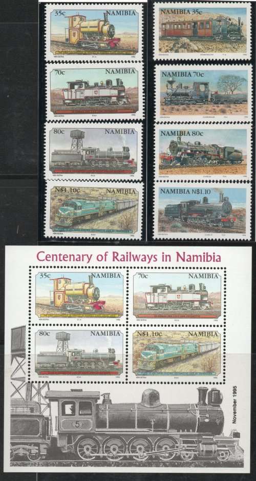 Namibia 1995 Steam Locomotives set of 4 and Railway Cent m/s umm. SACC 116-119 and 124a. Cat R48,50