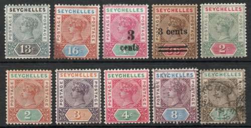 Seychelles 1890-93 QV 10 stamps mint and used. SG numbers shown below. Cat £38,25 (2022)