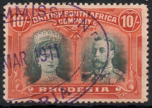 Rhodesia 1910-13 Double Head 10/- deep myrtle and orange revenue used. SG 163. Cat £300 (2022)