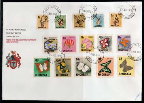 Rhodesia 1974 set of 15 on FDC. SACC 251-270. Cat R80. (2023-25)