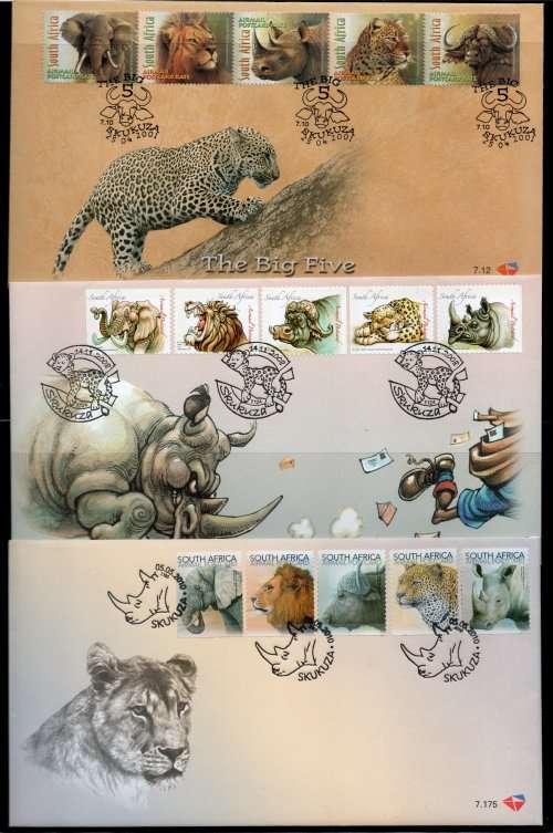 South Africa 3 Big 5 FDC`s. 2001 FDC 7.12, 2008 FDC 7.140 & 2010 FDC 7.175. Cat R225 (2023-25)