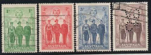 Australia 1940 Australian Imperial Forces set of 4 used 6d perfined. SG 196-199. Cat £40 (2022)