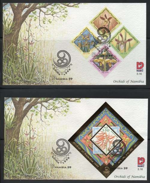 Namibia 1999 Orchids of Namibia set of 4 & Mini Sheet on FDC 3.16 & FDC 3.16a. Cat R155 (2023-25)