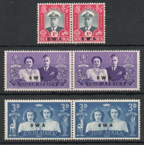 South West Africa 1947 Royal Visit set of 3 pairs mounted mint. SACC 162-164. Cat R21 (2023-25)