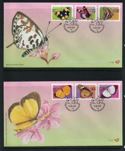 South Africa 2001 Add 7th Defin issue set of 6 on 2 FDC`s 7.16-7.17. Cat R160.
