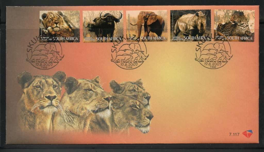 South Africa 2007 Big Five set of 5 on FDC 7.117. SACC 1823-27. Cat R180 (2023-25)