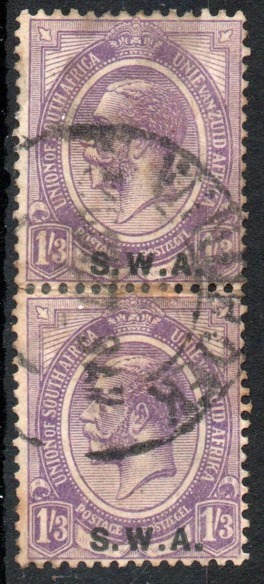 South West Africa 1927-1930 1/3d violet vertical pair used. SACC 91. Cat R100 (2023-25)
