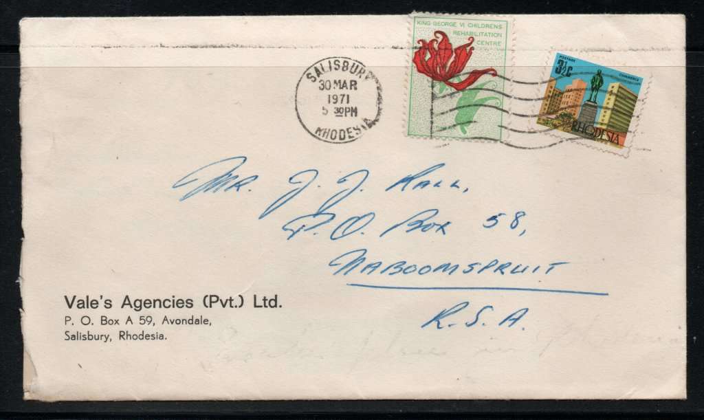 Rhodesia 1971 letter from Vale`s Agencies Salisbury to Naboomspruit with KGVI Children`s Rehab label