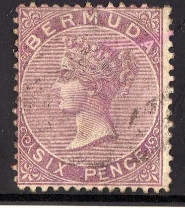 BERMUDA 1865 DEF 6d DULL PURPLE W/MARK CROWN CC. GOOD USED. SG6. CV GBP75.