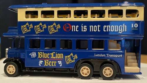 London Transport #10 Double Decker Blue Lion Beer die cast model.
