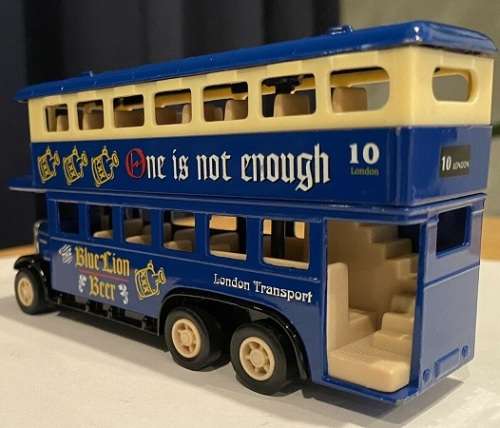 London Transport #10 Double Decker Blue Lion Beer die cast model.