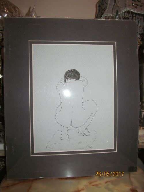 Framed Portrait Ink Sketch -- Nude Portrait Art - Signed RUTH SCHNYDER