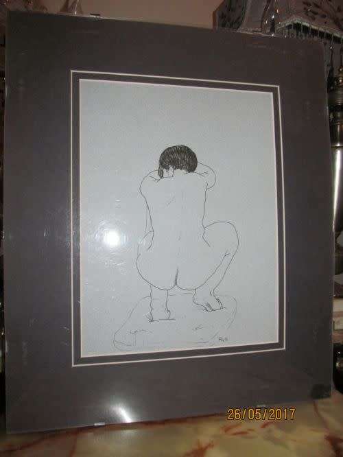 Framed Portrait Ink Sketch -- Nude Portrait Art - Signed RUTH SCHNYDER