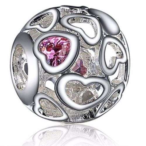Openwork Heart Charm with Pink Cubic Zircon fits Pandora Snake Chain Bracelet