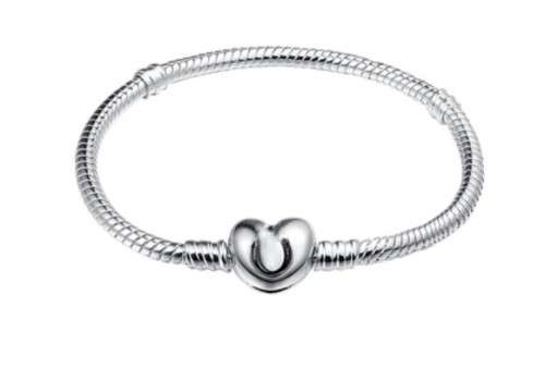 S925 Snake Chain Bracelet with Heart Clasp Marked Pandora, size 19