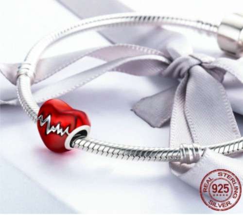 S925 Red Enamel Heart ECG Charm fits Pandora Snake Chain Bracelet