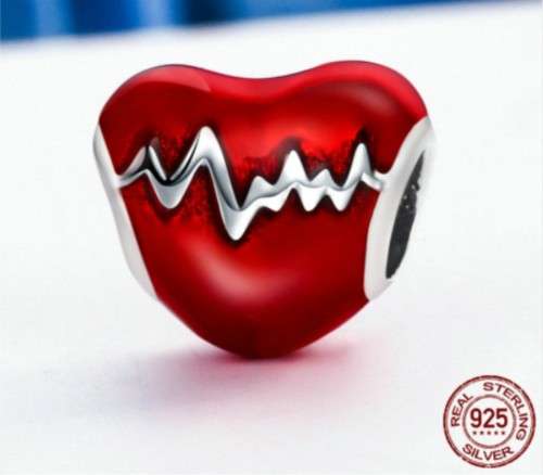 S925 Red Enamel Heart ECG Charm fits Pandora Snake Chain Bracelet
