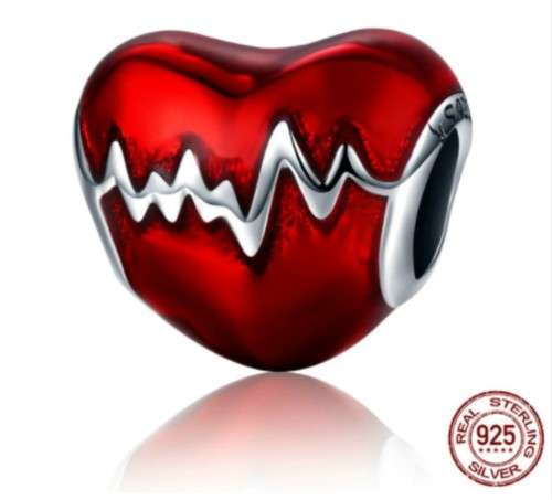 S925 Red Enamel Heart ECG Charm fits Pandora Snake Chain Bracelet
