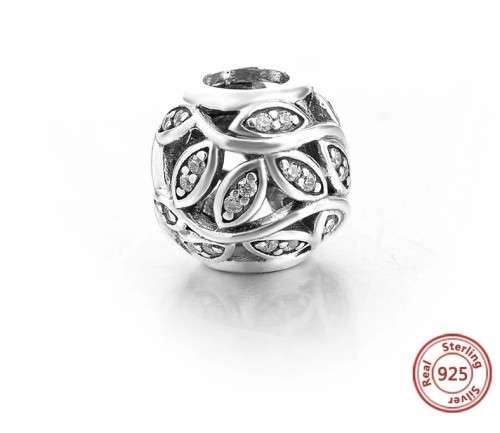 S925 Climbing Leaf Charm Bead inlaid with Cubic Zirconia fits Pandora Snake Chain Bracelet