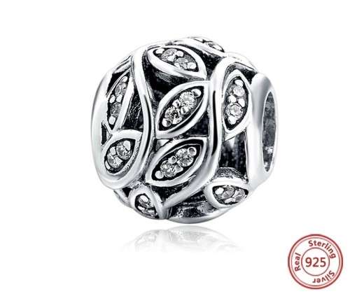 S925 Climbing Leaf Charm Bead inlaid with Cubic Zirconia fits Pandora Snake Chain Bracelet