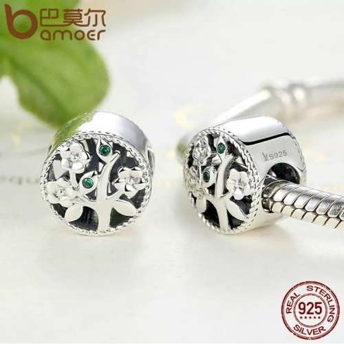 S925 Sterling Silver Tree of Life Charm with Green Cubic Zirconia fits Pandora Bracelets