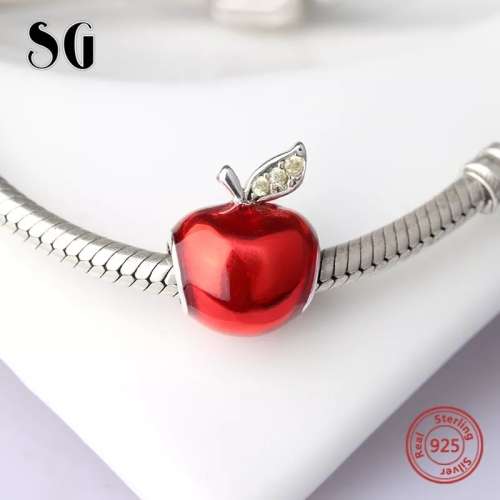 S925 Red Enamel Apple, fits Pandora Bracelets
