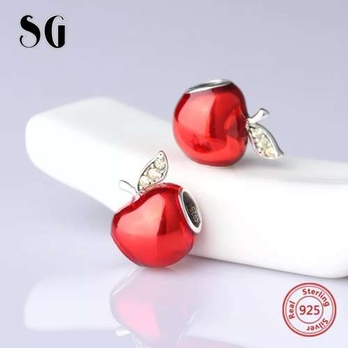 S925 Red Enamel Apple, fits Pandora Bracelets