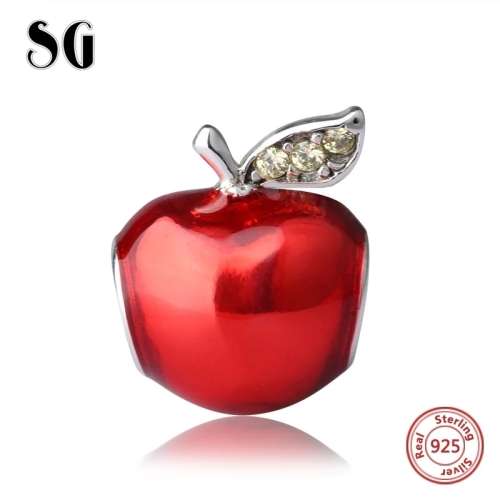 S925 Red Enamel Apple, fits Pandora Bracelets